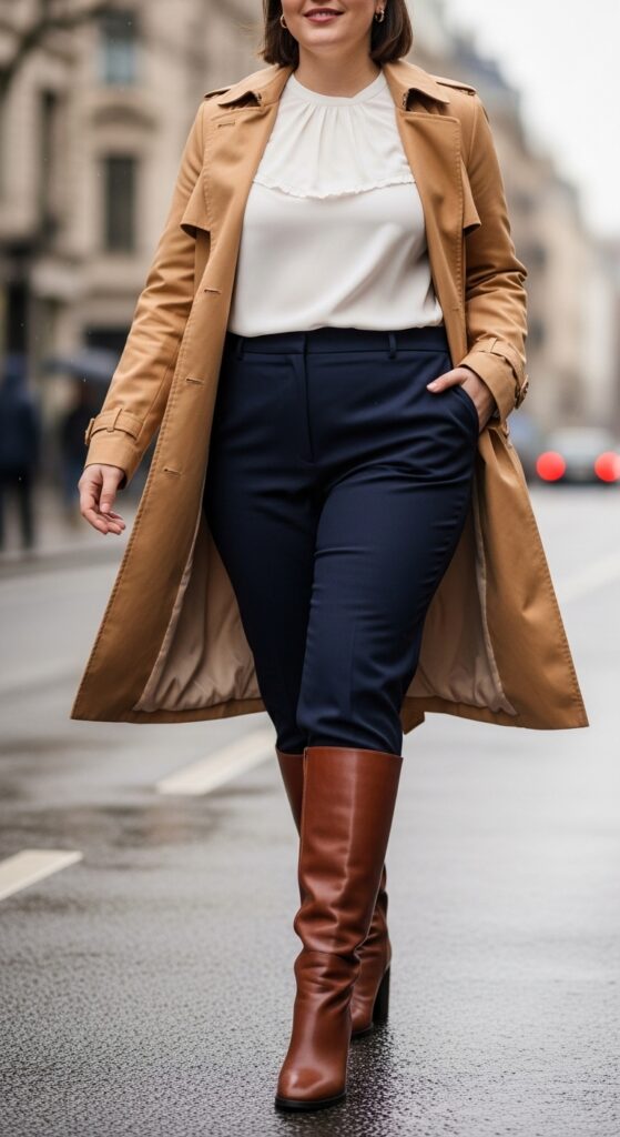 12 Plus Size Winter Work Outfits That Curvy Women Love 14 Trench Coat with Blouse and Trousers