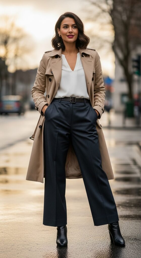14 Plus Size Winter Business Casual Outfits For Curvy Women 14 Trench Coat with Blouse and Trousers