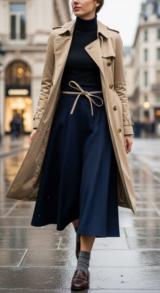 Trench Coat with Turtleneck and A-Line Skirt