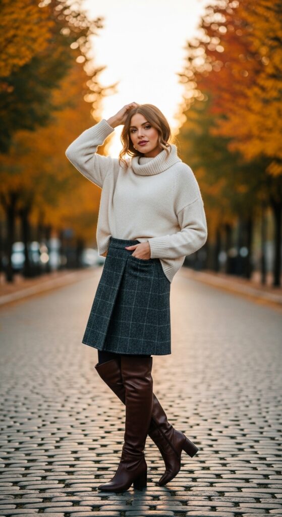 Turtleneck and Skort with Knee-High Boots