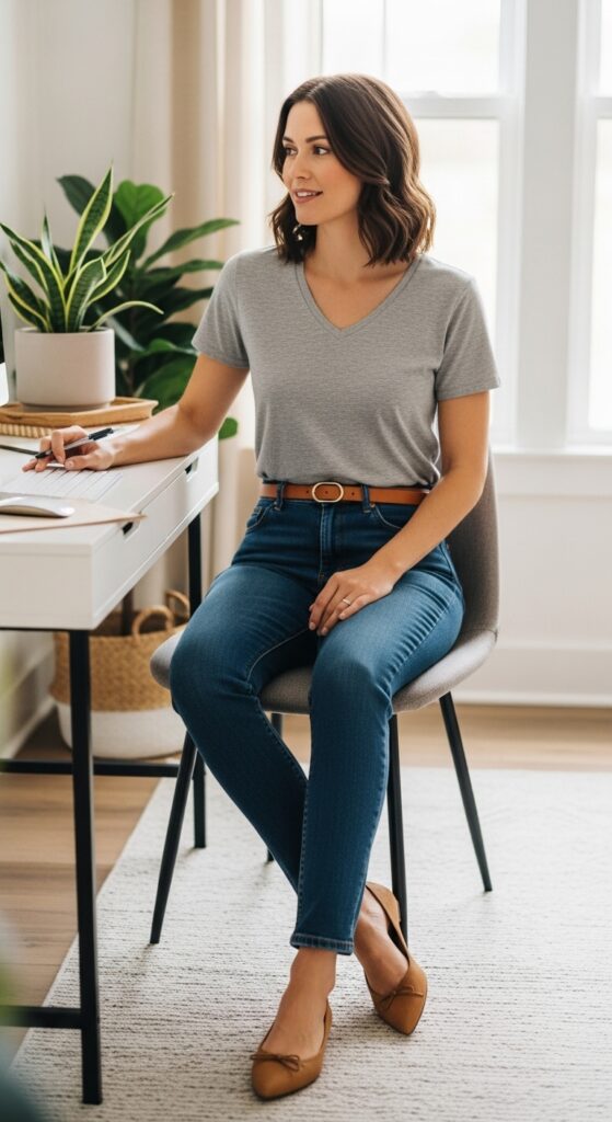 V-Neck Tee and High-Waist Jeans with Flats