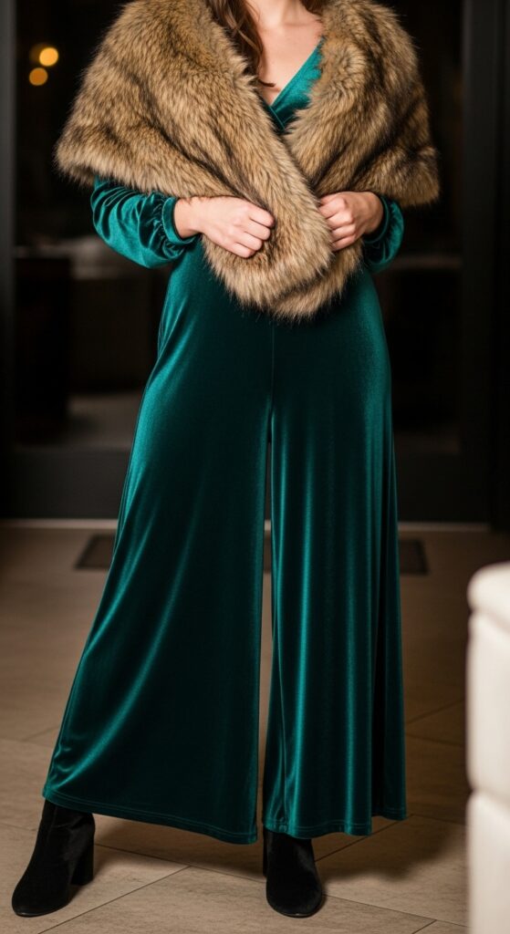 15 Plus Size London Winter Outfits That Curvy Women Love 15 Velvet Jumpsuit and Faux Fur Stole