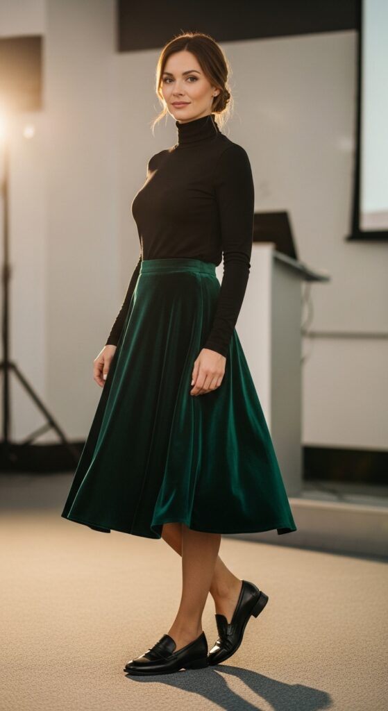 Velvet Midi Skirt with Turtleneck and Loafers