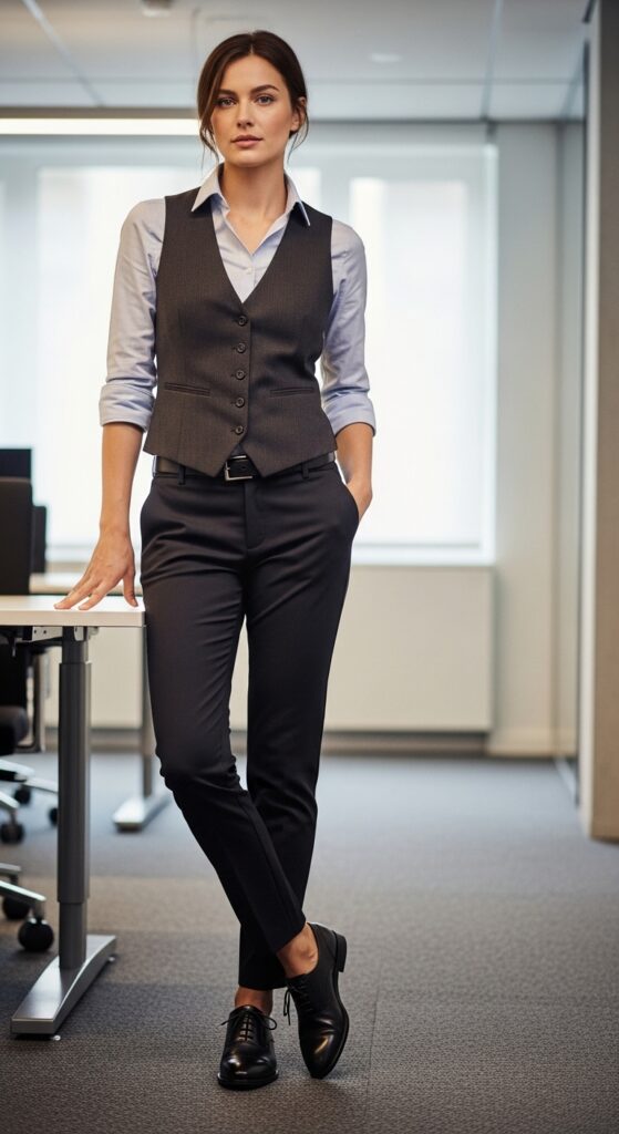 12 Plus Size Winter Work Outfits That Curvy Women Love 18 Vest over Dress Shirt and Pants with Oxfords