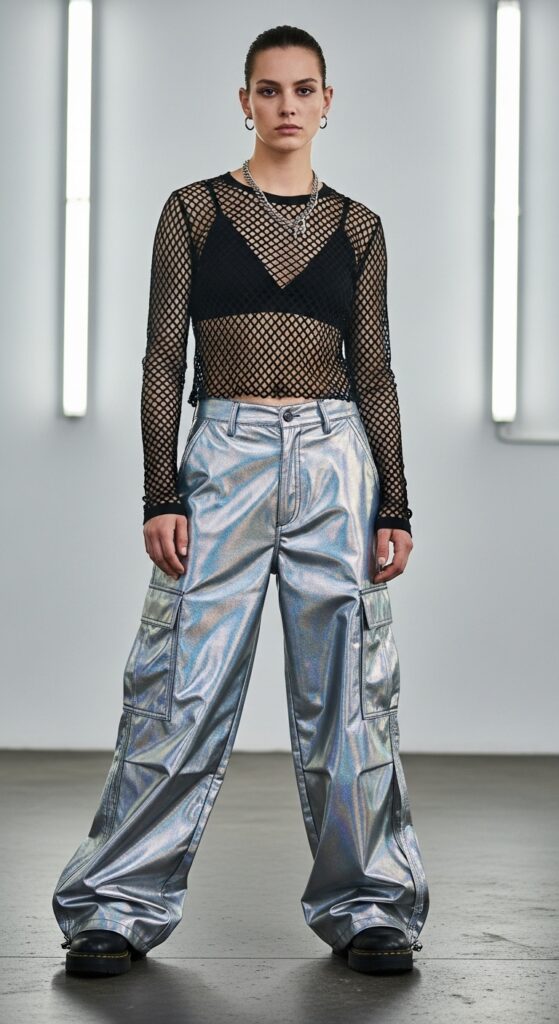 14 Plus Size Winter Rave Outfits That Curvy Women Love 9 Wide-Leg Metallic Cargo Pants