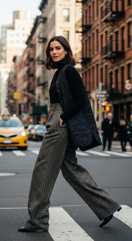 Big City Chic: 12 Plus Size New York Winter Outfits for Stylish Curvy Women 9 Wide-Leg Trousers and a Vest