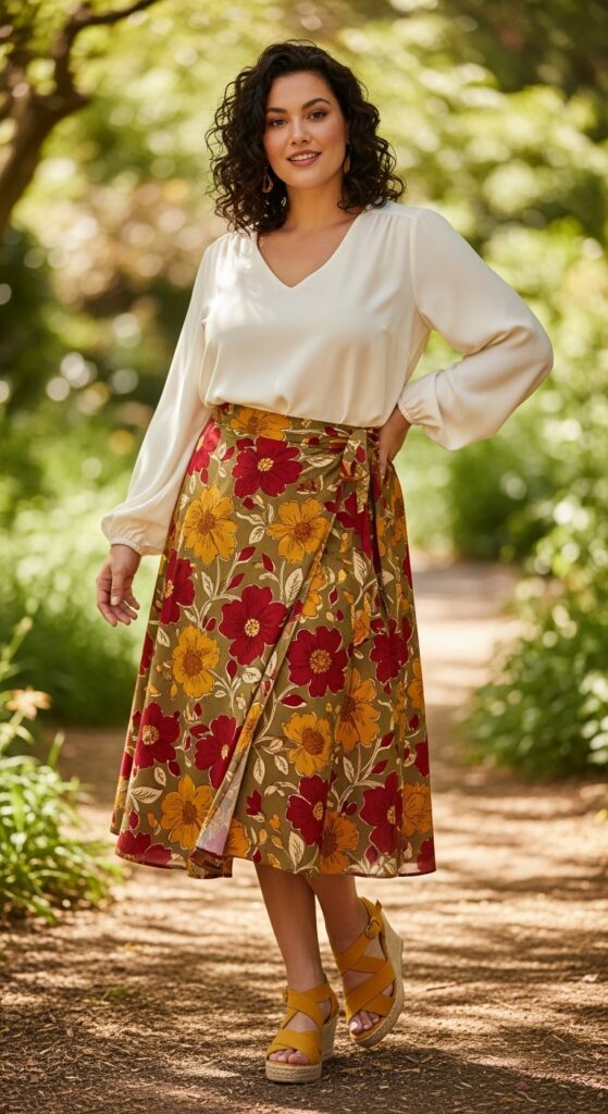 Wrap Skirt with Long-Sleeve Blouse and Wedges