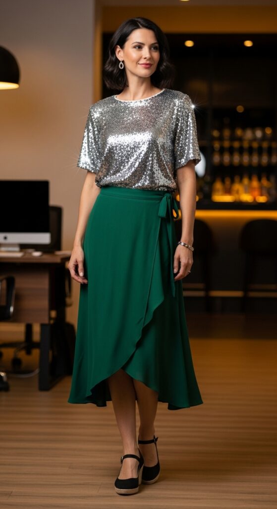 Wrap Skirt with Sequin Blouse and Wedges